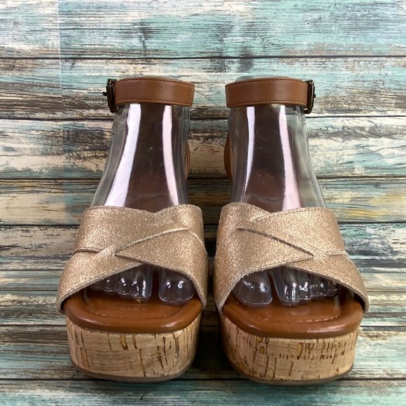 Crown Vintage Chalina Platform Sandal Womens Size 7.5M Gold Leather Wedge Heels - Picture 3 of 12